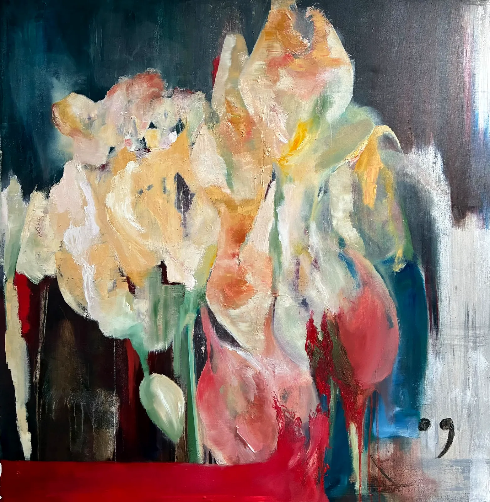 Boeket: witte en roze bloemen tegen een donkerblauwe achtergrond, boven een rood vlak.